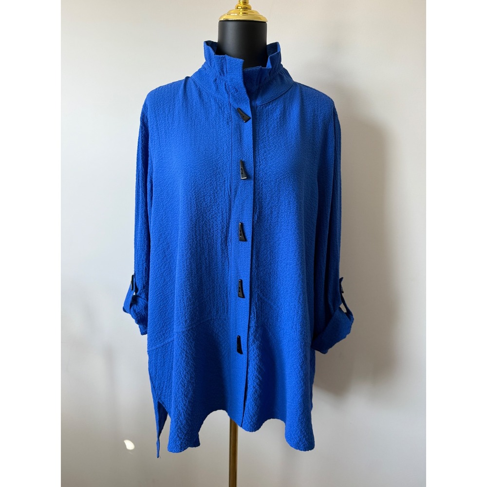 Ali Miles Royal Blue Textured Toggle Button Tunic Mock Neck Roll Tab Top Large